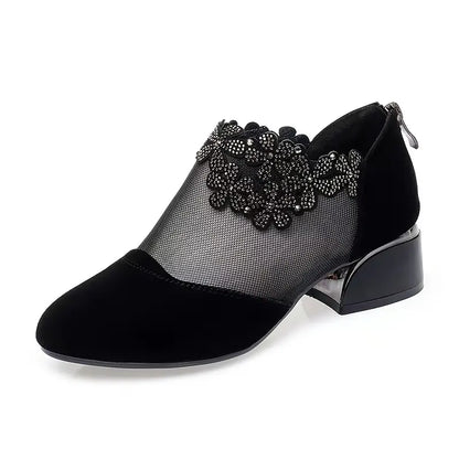 TACONES DE FLORES DE MALLA CON DIAMANTES